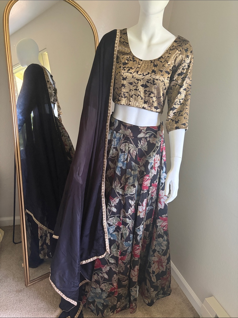 Brand new with 2 tops Black and Gold Floral Outfit lehengas Dupatta 4 piece set